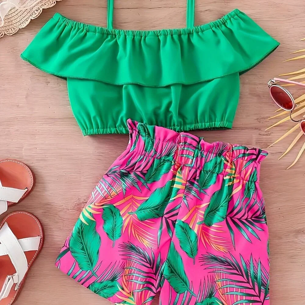 2-Piece Girl's Green Off-Shoulder Blouse Top + Tropical Shorts Set